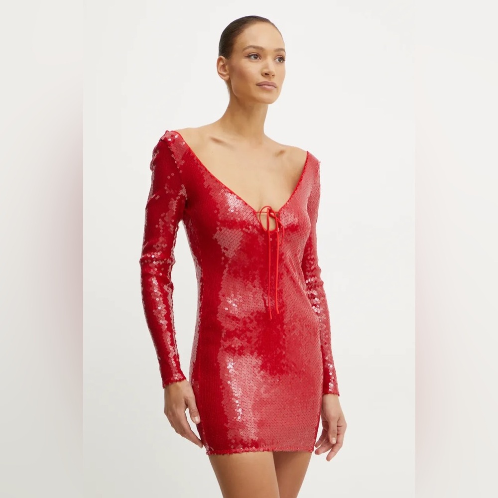 Anthropologie Red Sequin Long Sleeve Dress